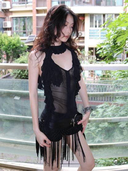 OPEN AESTHETIC Black Studded Rivet Crochet Tassel Leather Belt Women&
