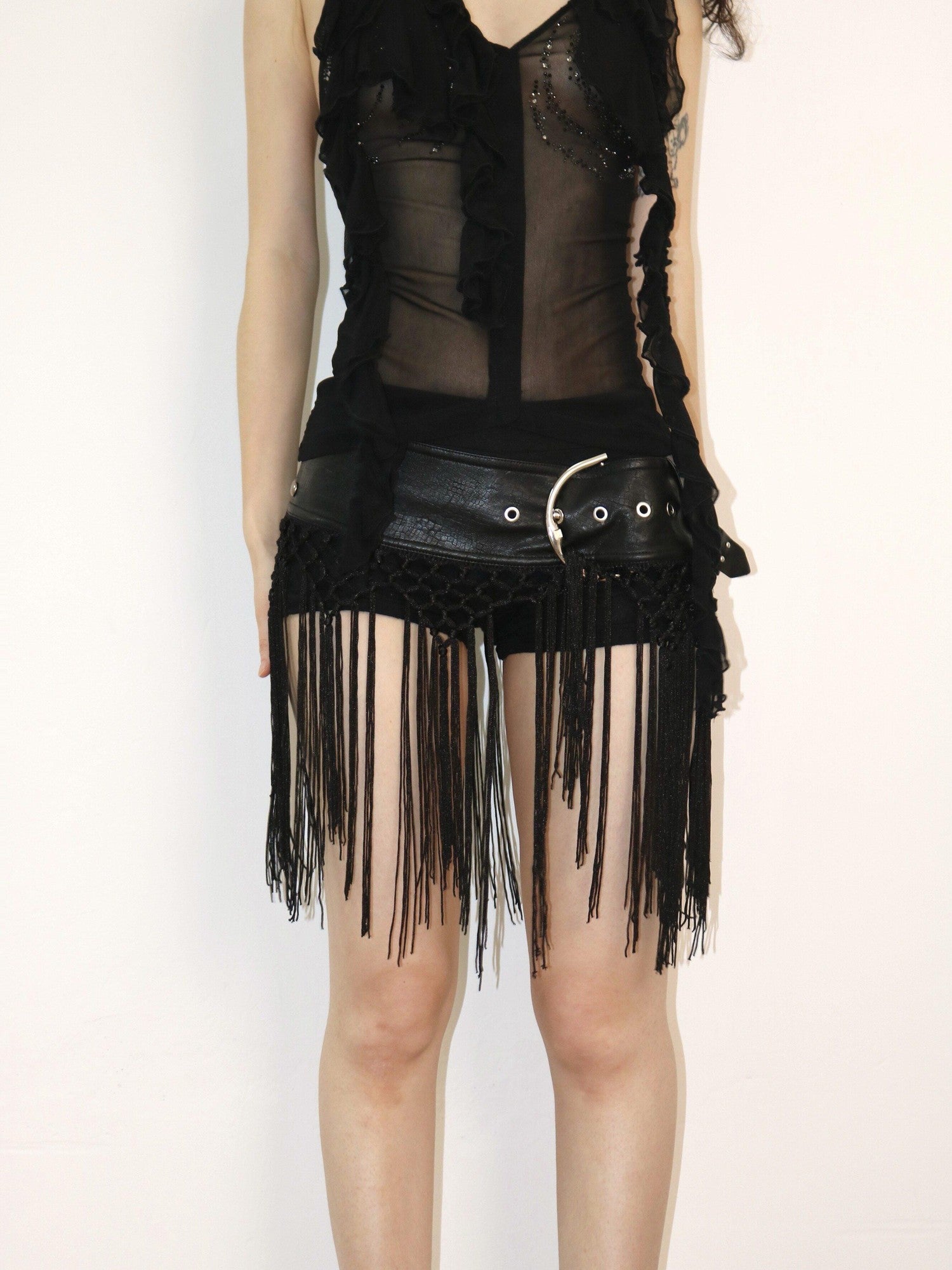 OPEN AESTHETIC Black Studded Rivet Crochet Tassel Leather Belt Women&