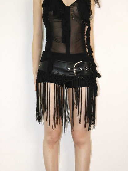 OPEN AESTHETIC Black Studded Rivet Crochet Tassel Leather Belt Women&