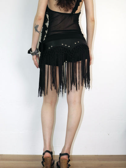 OPEN AESTHETIC Black Studded Rivet Crochet Tassel Leather Belt Women&