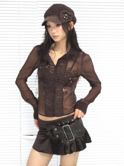 OPEN AESTHETIC Breathable Chiffon Vintage Straight Fit Long Sleeve Embroidered Women T-Shirt