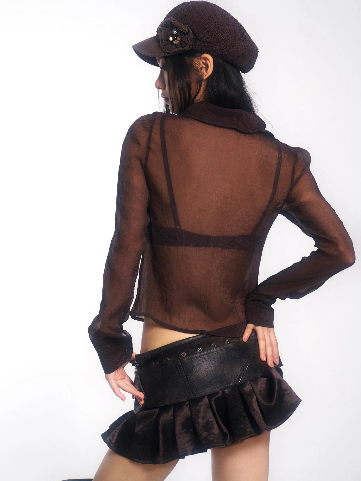 OPEN AESTHETIC Breathable Chiffon Vintage Straight Fit Long Sleeve Embroidered Women T-Shirt