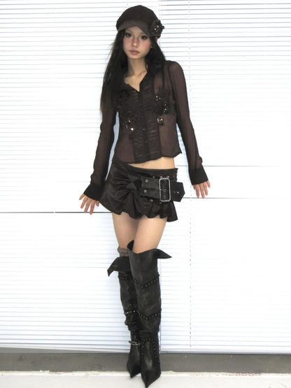 OPEN AESTHETIC Breathable Chiffon Vintage Straight Fit Long Sleeve Embroidered Women T-Shirt