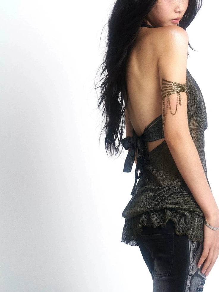 OPEN AESTHETIC Breathable Cutout Halter Neck Loose Fit Pullover Metallic Solid Women Tank Top
