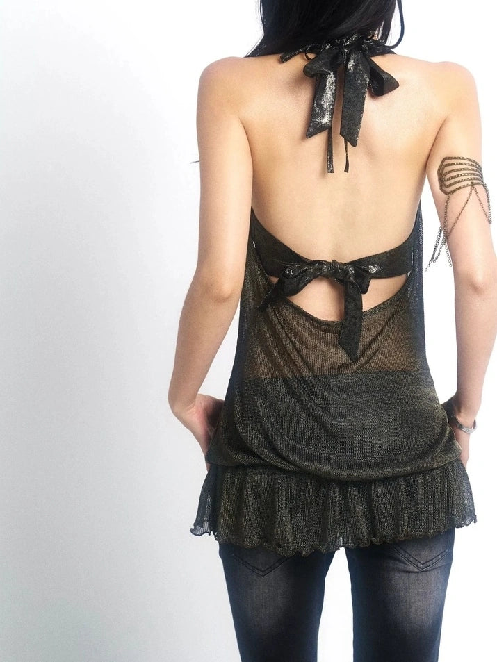 OPEN AESTHETIC Breathable Cutout Halter Neck Loose Fit Pullover Metallic Solid Women Tank Top