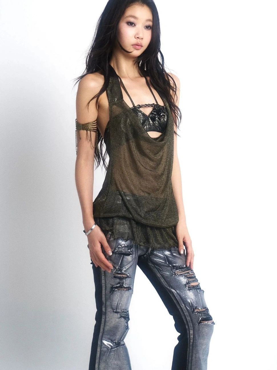 OPEN AESTHETIC Breathable Cutout Halter Neck Loose Fit Pullover Metallic Solid Women Tank Top