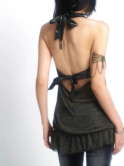 OPEN AESTHETIC Breathable Cutout Halter Neck Loose Fit Pullover Metallic Solid Women Tank Top