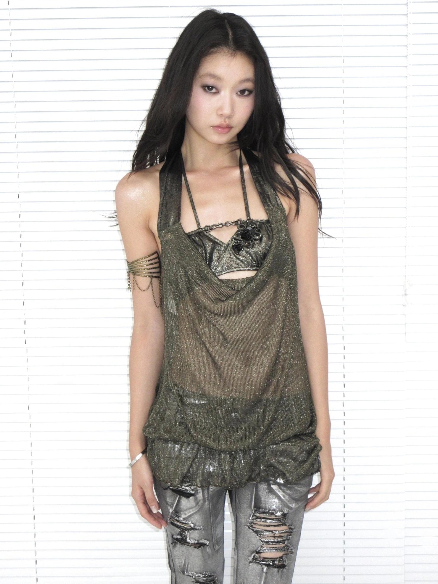 OPEN AESTHETIC Breathable Cutout Halter Neck Loose Fit Pullover Metallic Solid Women Tank Top