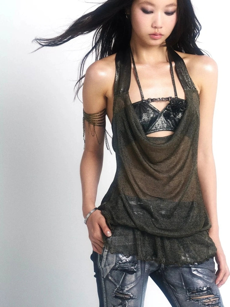 OPEN AESTHETIC Breathable Cutout Halter Neck Loose Fit Pullover Metallic Solid Women Tank Top