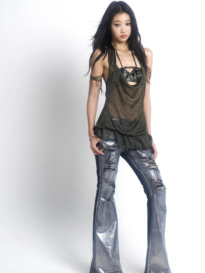 OPEN AESTHETIC Breathable Cutout Halter Neck Loose Fit Pullover Metallic Solid Women Tank Top