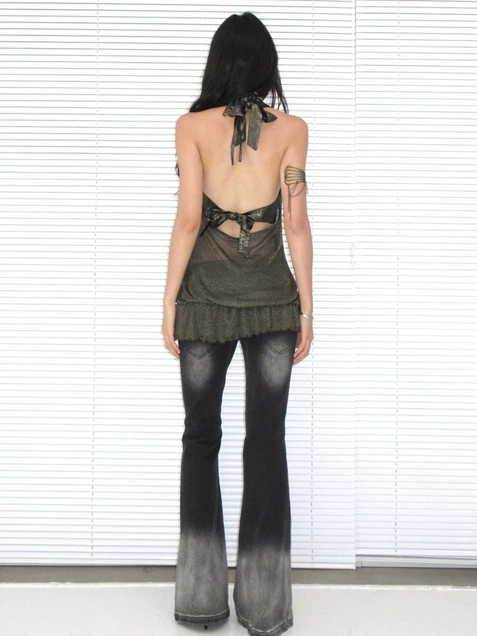 OPEN AESTHETIC Breathable Cutout Halter Neck Loose Fit Pullover Metallic Solid Women Tank Top