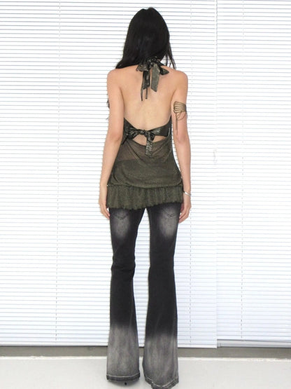 OPEN AESTHETIC Breathable Cutout Halter Neck Loose Fit Pullover Metallic Solid Women Tank Top