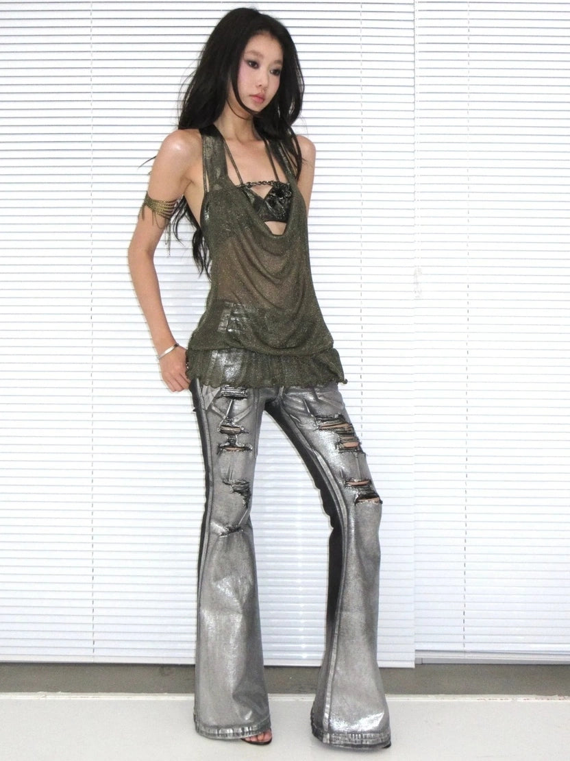 OPEN AESTHETIC Breathable Cutout Halter Neck Loose Fit Pullover Metallic Solid Women Tank Top