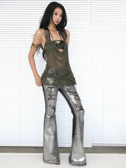 OPEN AESTHETIC Breathable Cutout Halter Neck Loose Fit Pullover Metallic Solid Women Tank Top