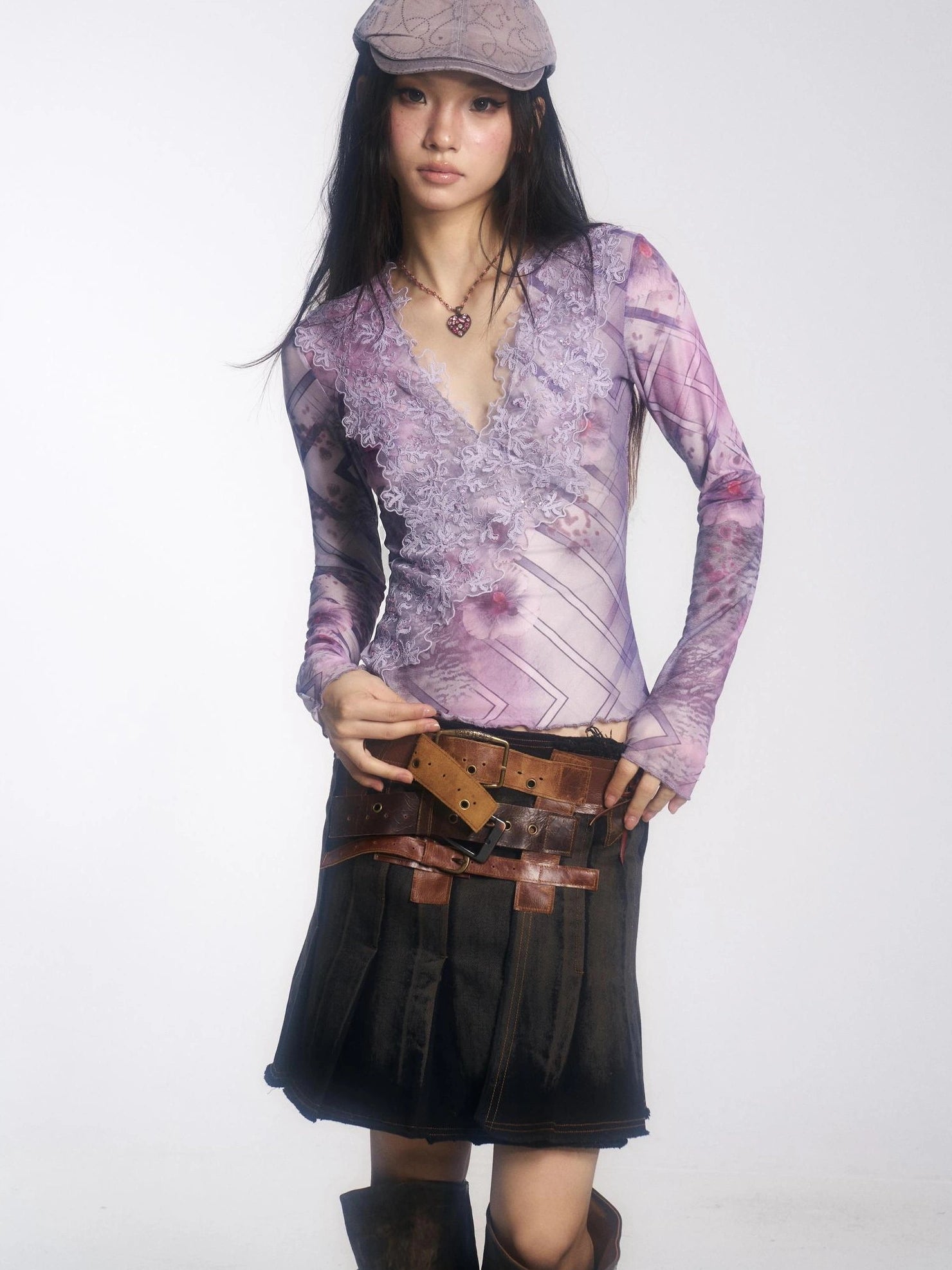 OPEN AESTHETIC Breathable Lightweight Vintage Slim V Neck Long Sleeve Lace Women Lilac T-Shirt