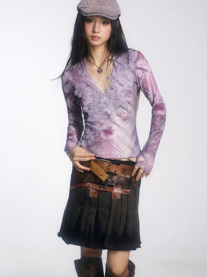 OPEN AESTHETIC Breathable Lightweight Vintage Slim V Neck Long Sleeve Lace Women Lilac T-Shirt