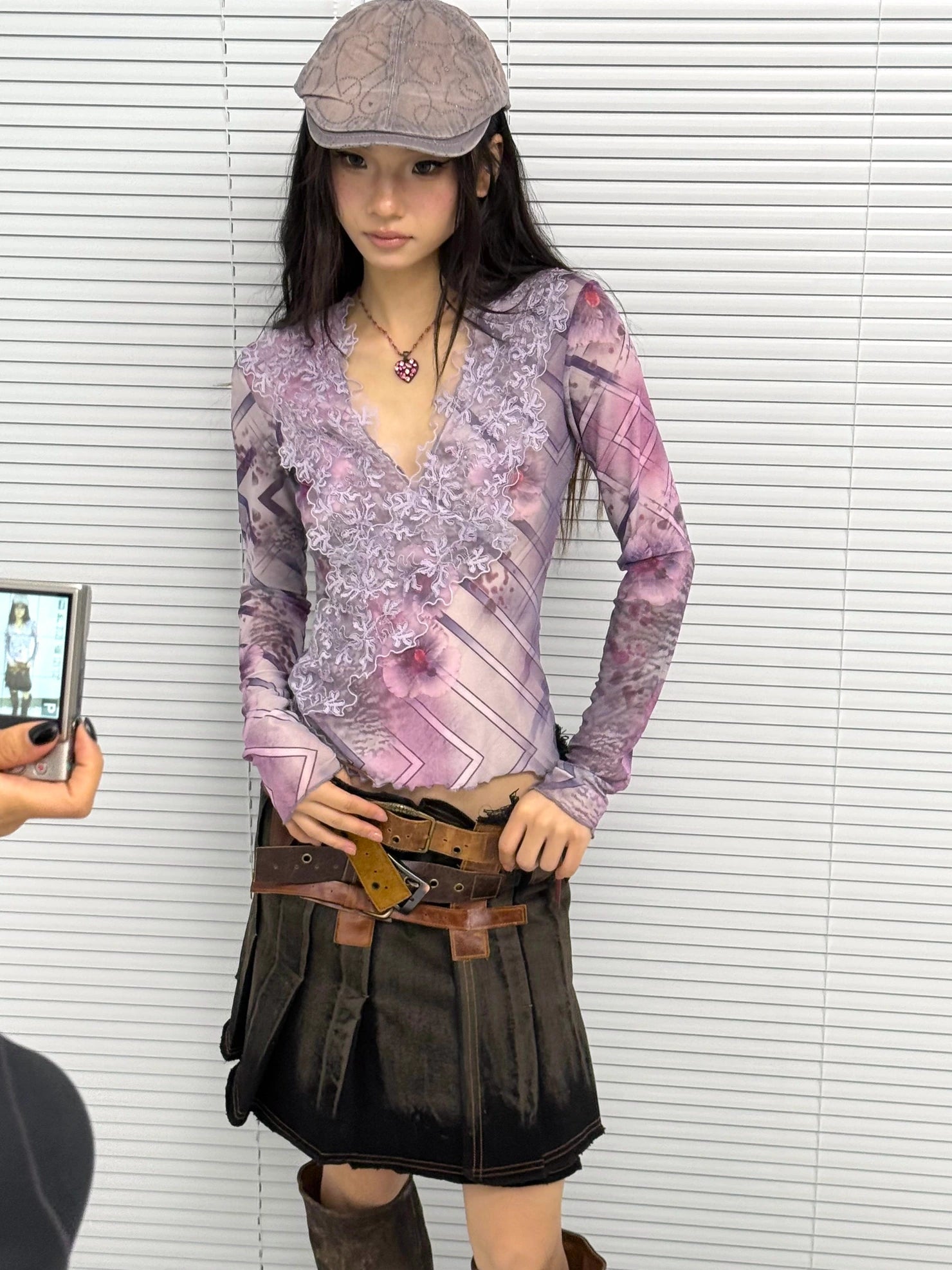 OPEN AESTHETIC Breathable Lightweight Vintage Slim V Neck Long Sleeve Lace Women Lilac T-Shirt