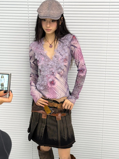 OPEN AESTHETIC Breathable Lightweight Vintage Slim V Neck Long Sleeve Lace Women Lilac T-Shirt