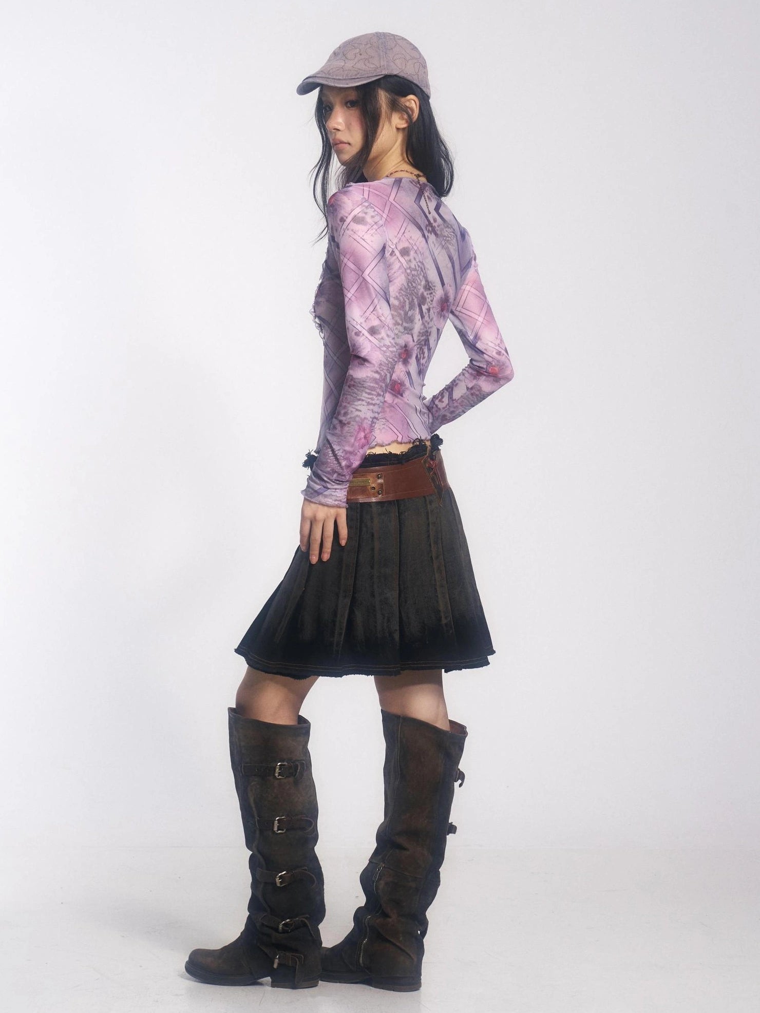 OPEN AESTHETIC Breathable Lightweight Vintage Slim V Neck Long Sleeve Lace Women Lilac T-Shirt