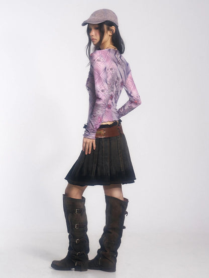 OPEN AESTHETIC Breathable Lightweight Vintage Slim V Neck Long Sleeve Lace Women Lilac T-Shirt