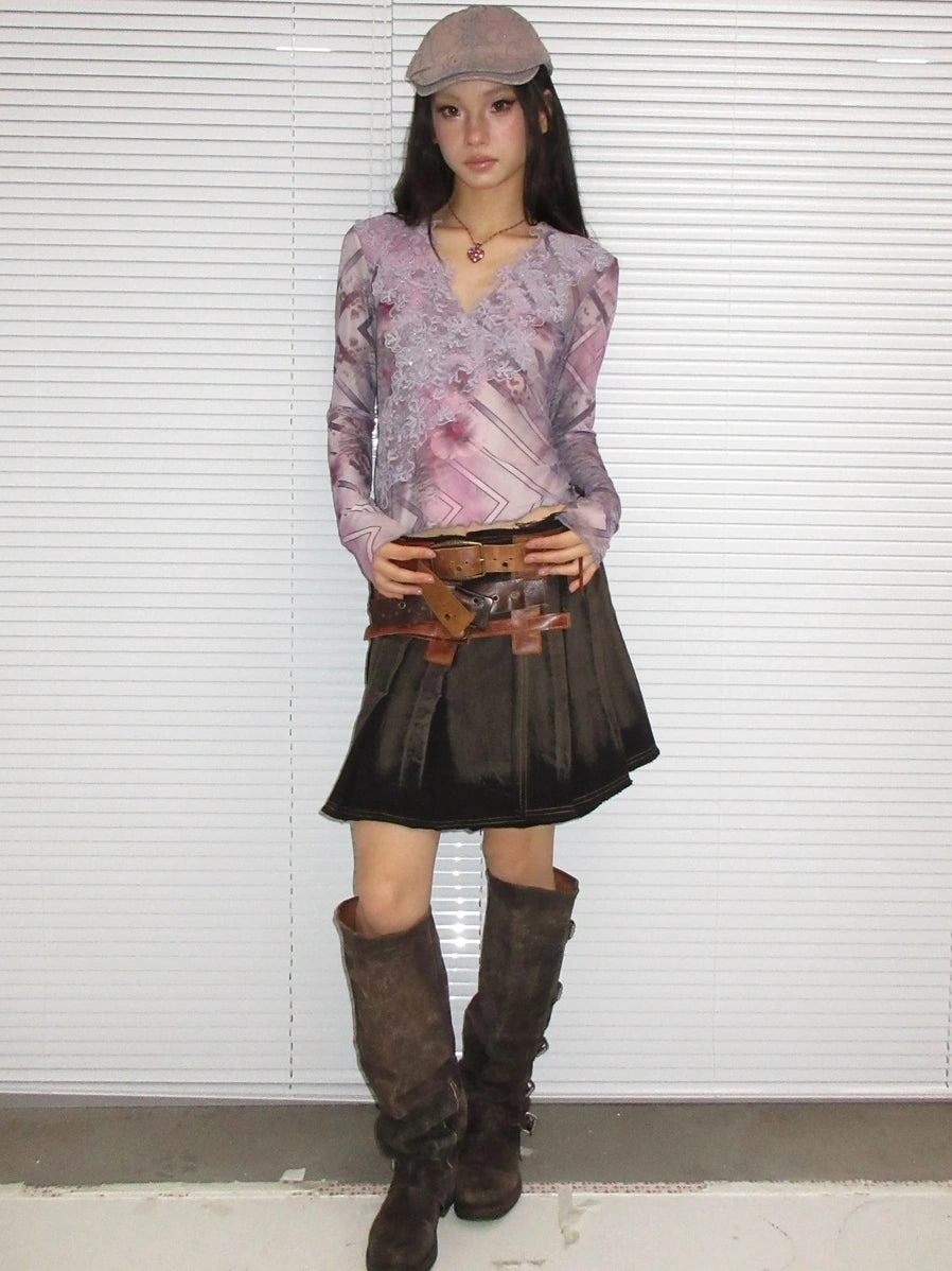 OPEN AESTHETIC Breathable Lightweight Vintage Slim V Neck Long Sleeve Lace Women Lilac T-Shirt