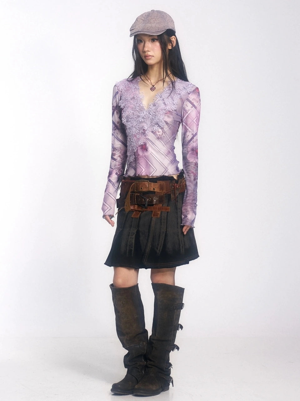 OPEN AESTHETIC Breathable Lightweight Vintage Slim V Neck Long Sleeve Lace Women Lilac T-Shirt