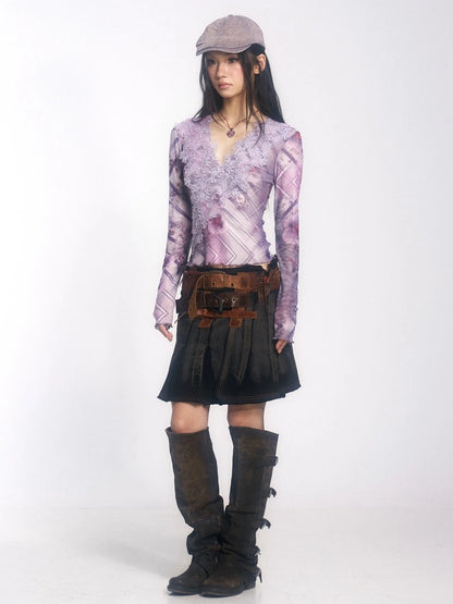 OPEN AESTHETIC Breathable Lightweight Vintage Slim V Neck Long Sleeve Lace Women Lilac T-Shirt