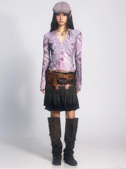 OPEN AESTHETIC Breathable Lightweight Vintage Slim V Neck Long Sleeve Lace Women Lilac T-Shirt