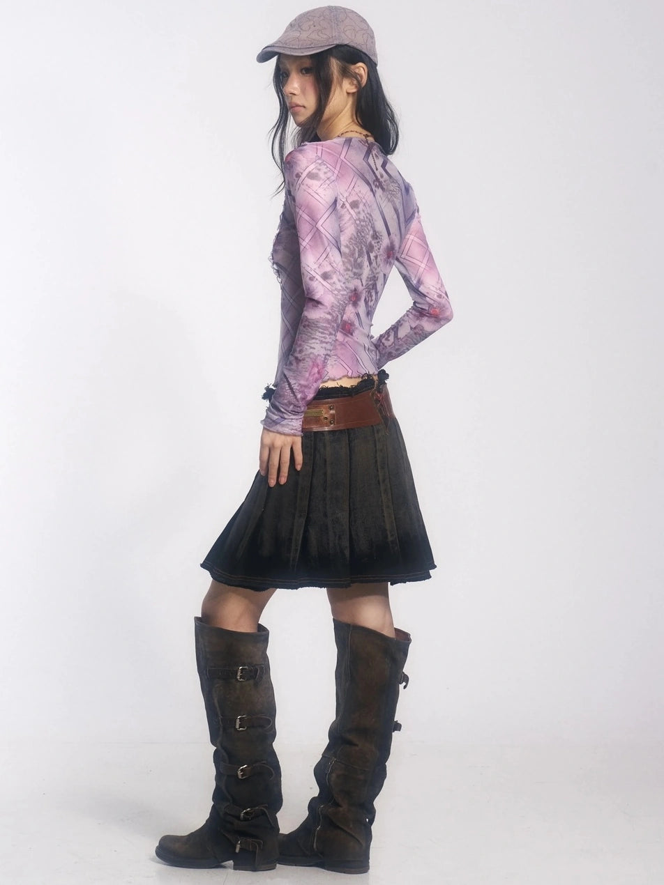 OPEN AESTHETIC Breathable Lightweight Vintage Slim V Neck Long Sleeve Lace Women Lilac T-Shirt