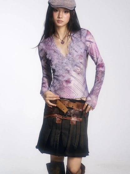 OPEN AESTHETIC Breathable Lightweight Vintage Slim V Neck Long Sleeve Lace Women Lilac T-Shirt