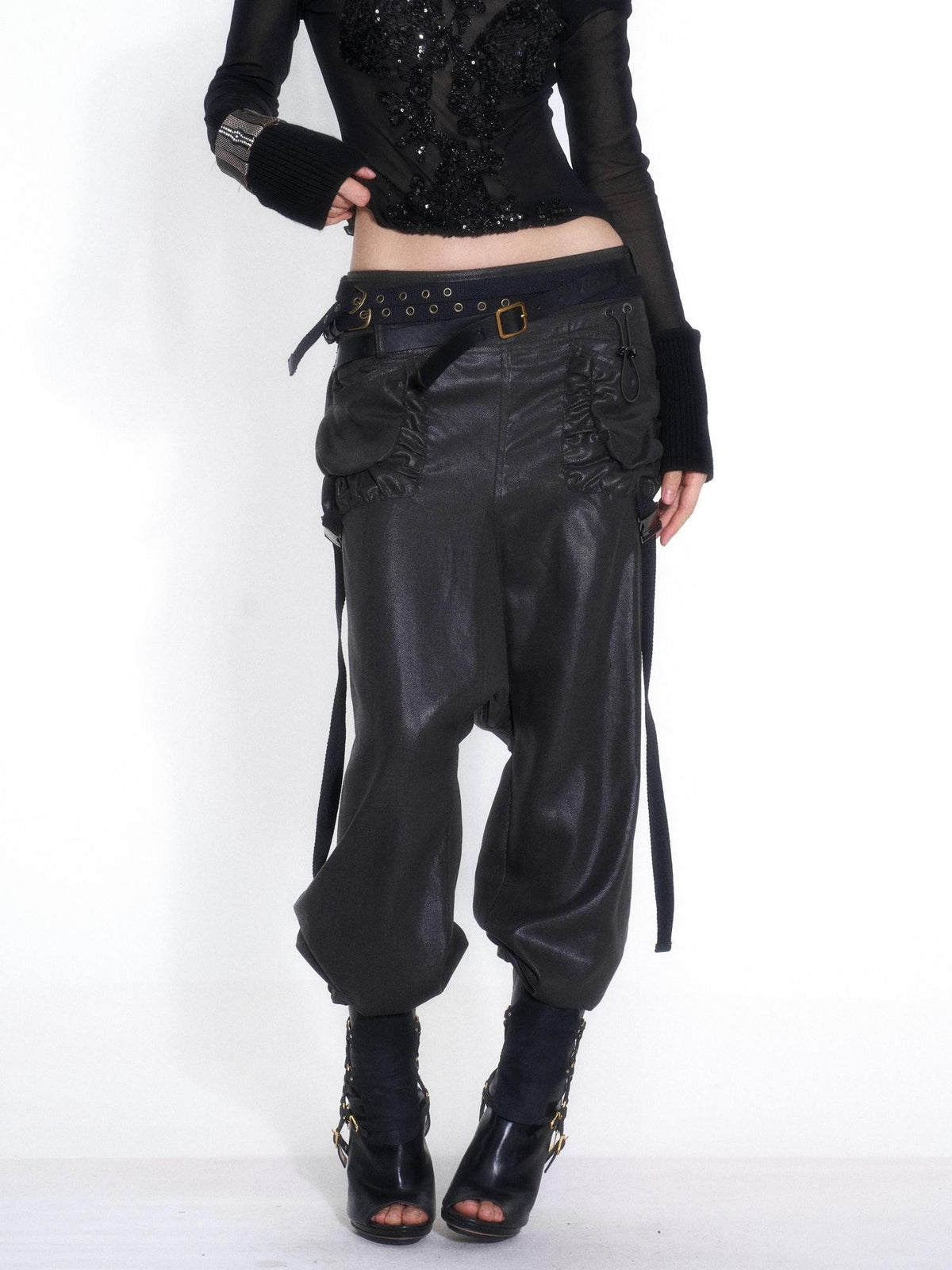 OPEN AESTHETIC Casual Double Belt Cargo Pocket Low Rise Tencel Women&