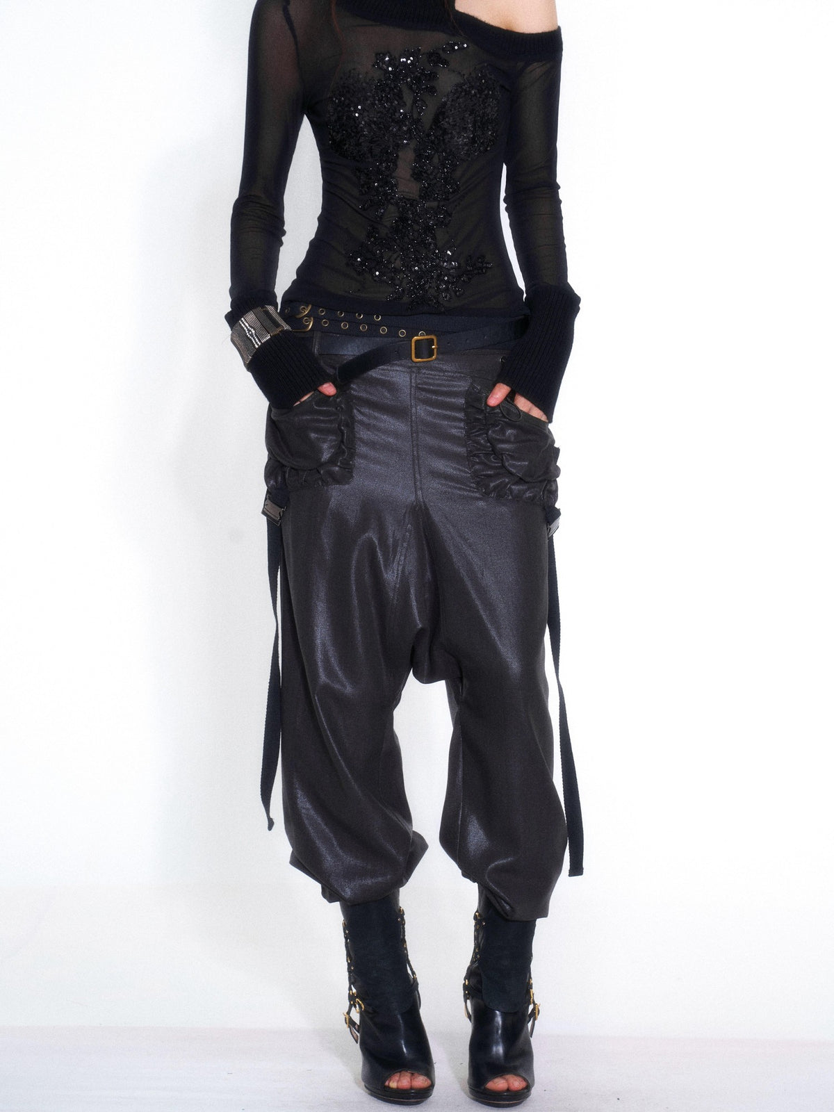 OPEN AESTHETIC Casual Double Belt Cargo Pocket Low Rise Tencel Women&