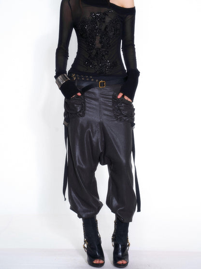 OPEN AESTHETIC Casual Double Belt Cargo Pocket Low Rise Tencel Women&