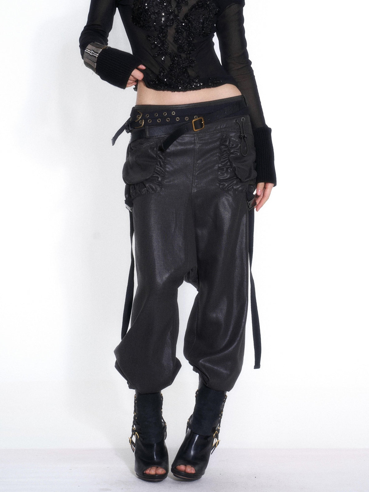 OPEN AESTHETIC Casual Double Belt Cargo Pocket Low Rise Tencel Women&