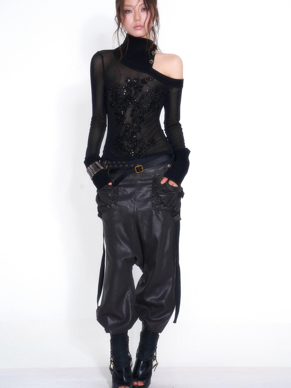 OPEN AESTHETIC Casual Double Belt Cargo Pocket Low Rise Tencel Women&