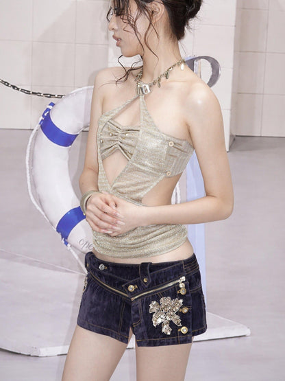 OPEN AESTHETIC Champagne Gold Metal Chain Studded Rhinestone Bustier Women&