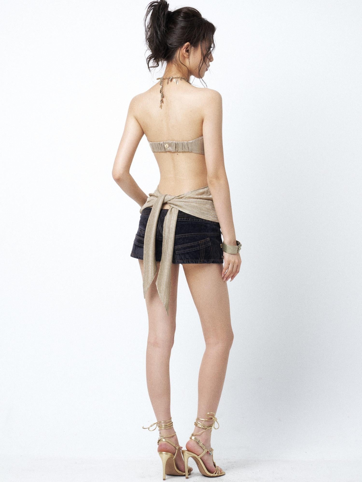 OPEN AESTHETIC Champagne Gold Metal Chain Studded Rhinestone Bustier Women&