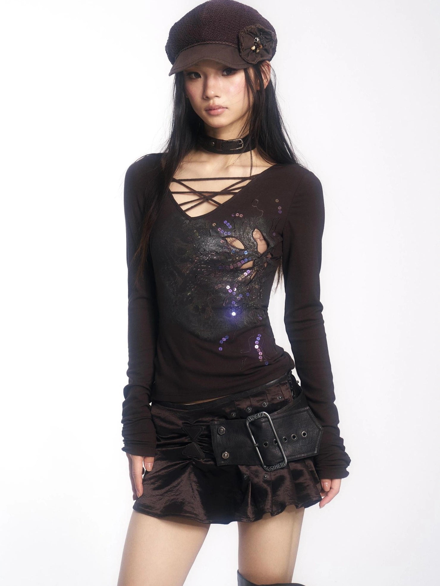 OPEN AESTHETIC Cotton Vintage Slim Fit Long Sleeve Embroidered Print Women Deep Brown T-Shirt