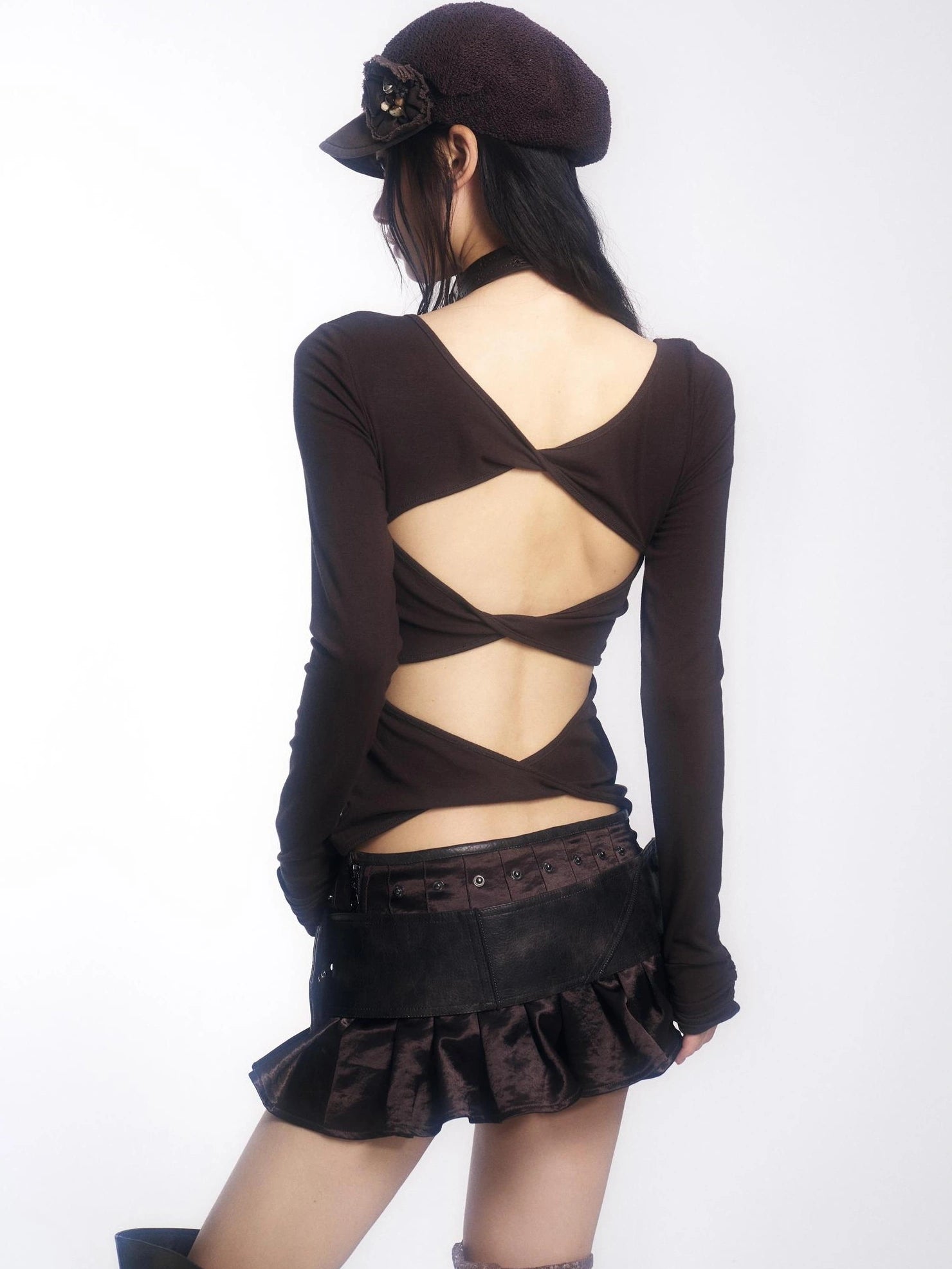 OPEN AESTHETIC Cotton Vintage Slim Fit Long Sleeve Embroidered Print Women Deep Brown T-Shirt