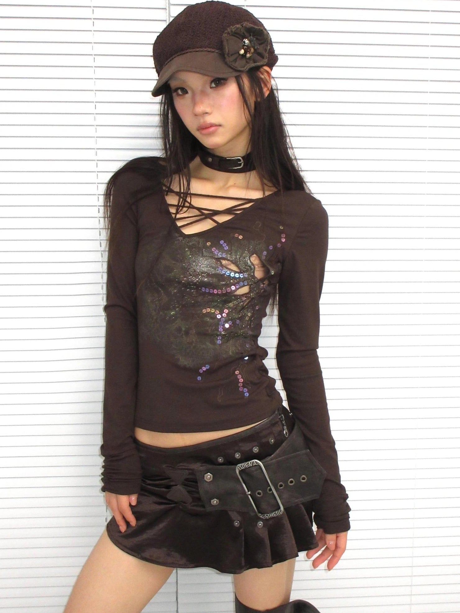 OPEN AESTHETIC Cotton Vintage Slim Fit Long Sleeve Embroidered Print Women Deep Brown T-Shirt