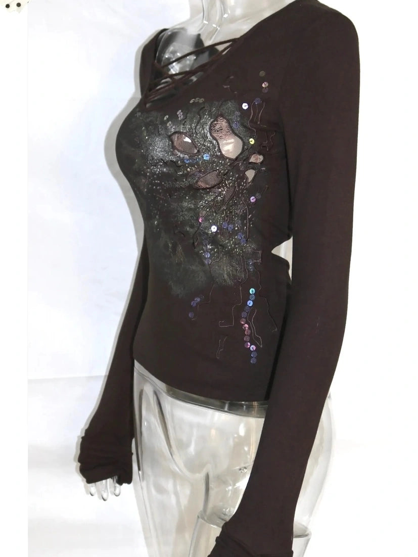 OPEN AESTHETIC Cotton Vintage Slim Fit Long Sleeve Embroidered Print Women Deep Brown T-Shirt