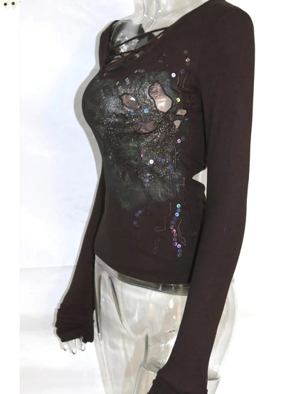 OPEN AESTHETIC Cotton Vintage Slim Fit Long Sleeve Embroidered Print Women Deep Brown T-Shirt