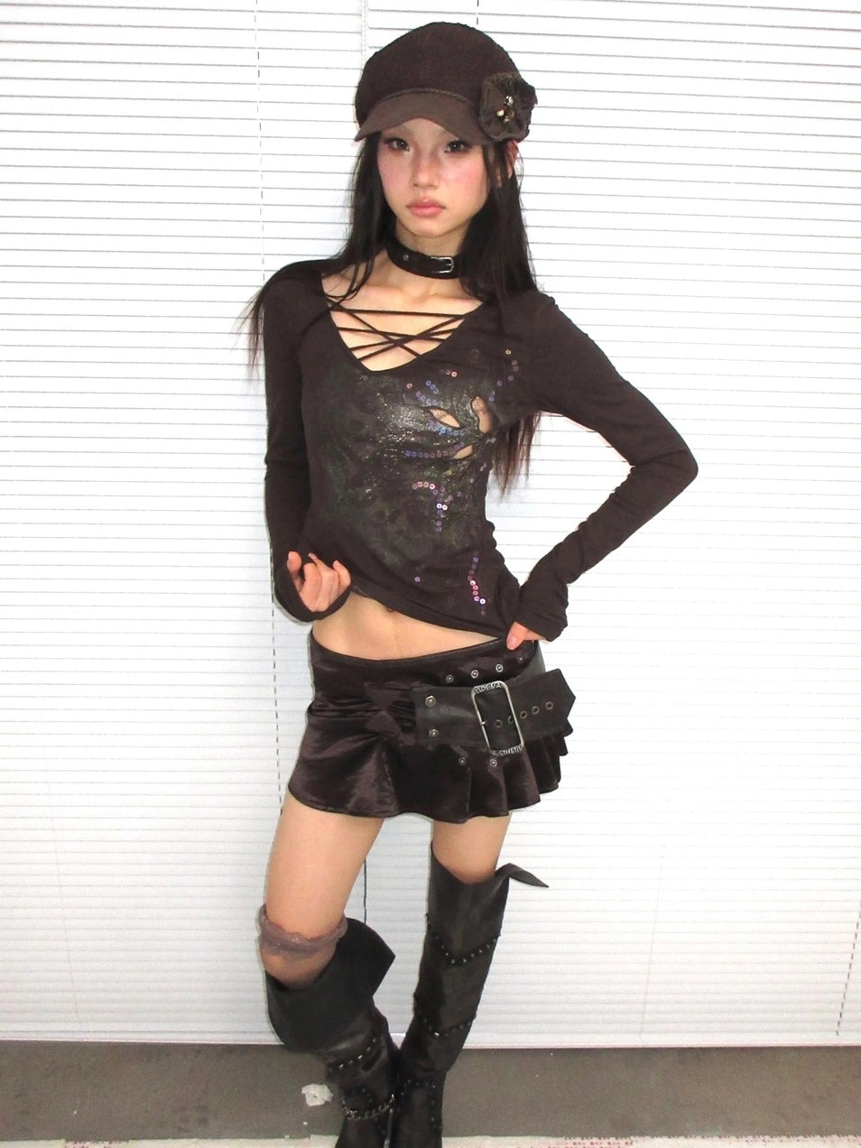 OPEN AESTHETIC Cotton Vintage Slim Fit Long Sleeve Embroidered Print Women Deep Brown T-Shirt