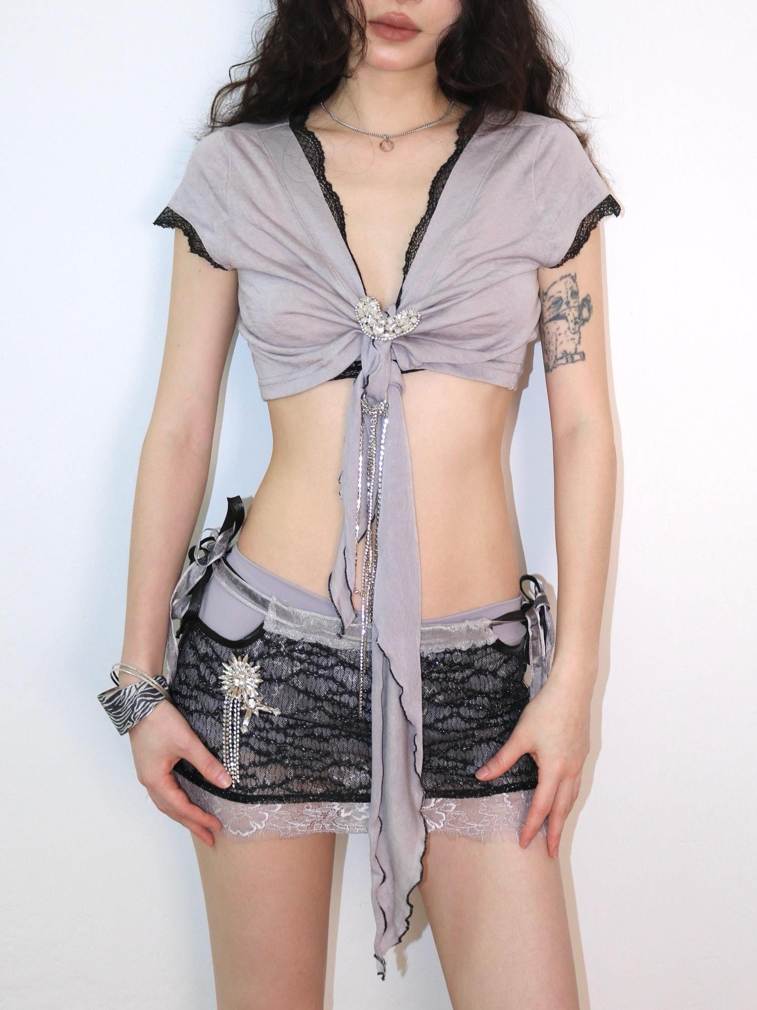 OPEN AESTHETIC Cropped Deep V Lace Trim Rhinestone Heart Tie Women&