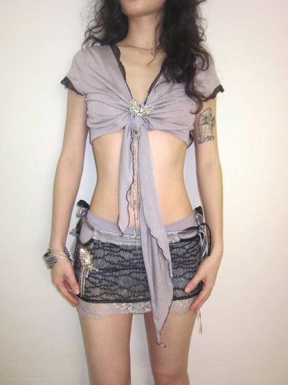 OPEN AESTHETIC Cropped Deep V Lace Trim Rhinestone Heart Tie Women&
