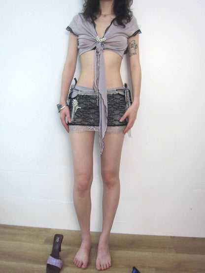 OPEN AESTHETIC Cropped Deep V Lace Trim Rhinestone Heart Tie Women&