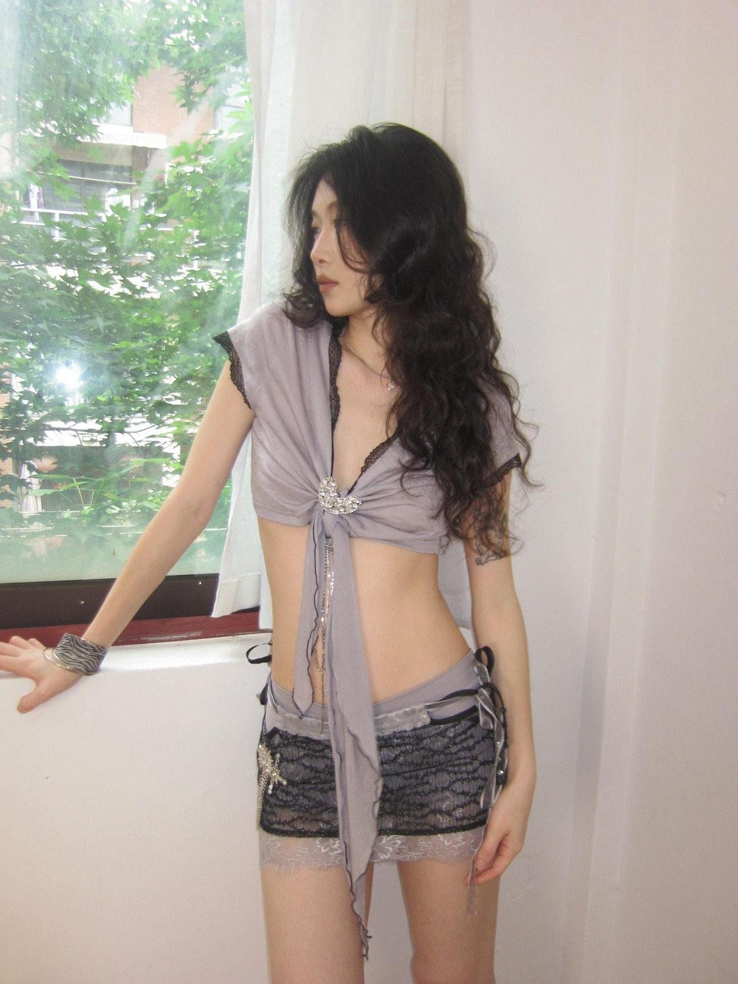 OPEN AESTHETIC Cropped Deep V Lace Trim Rhinestone Heart Tie Women&