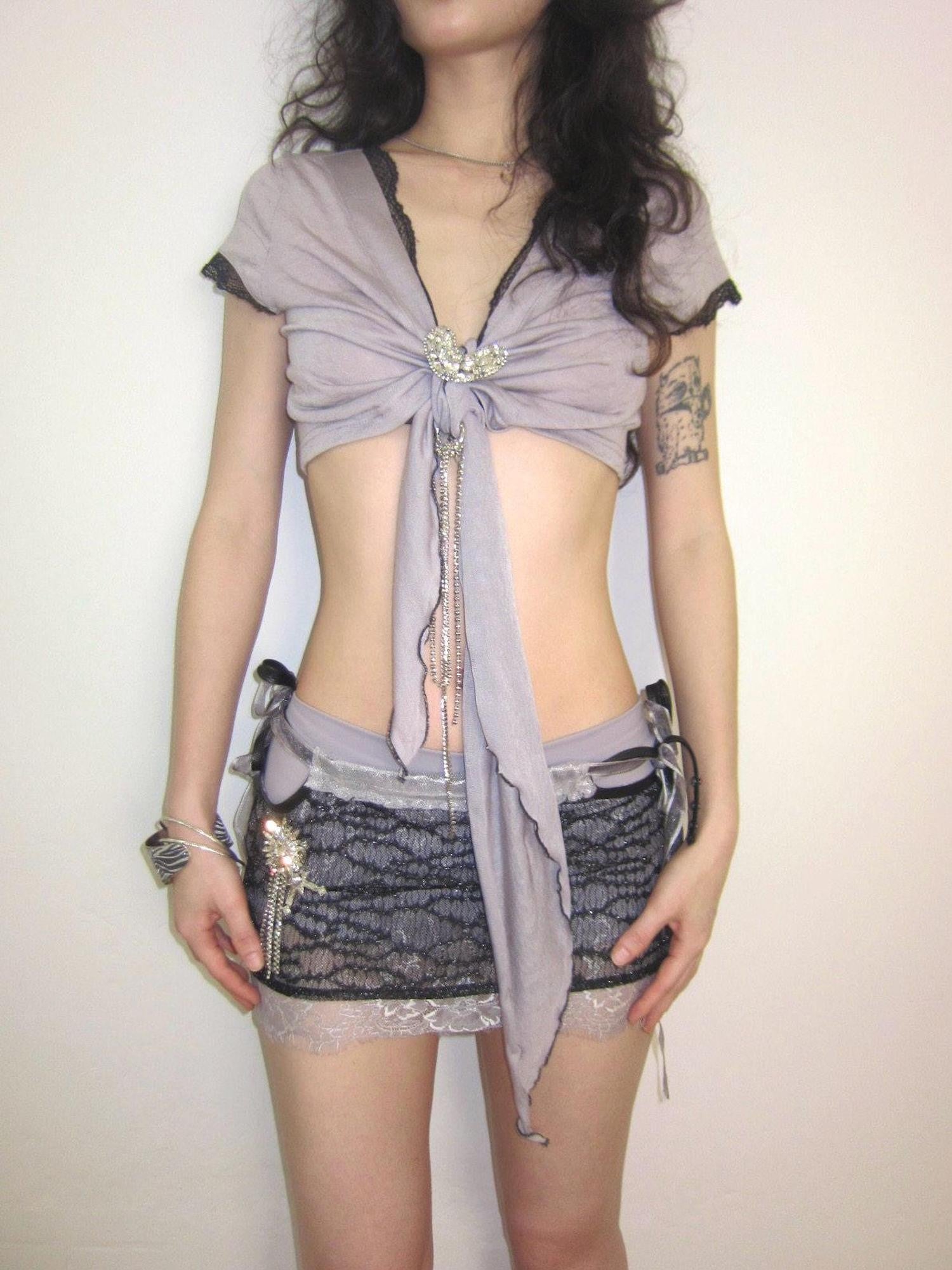OPEN AESTHETIC Cropped Deep V Lace Trim Rhinestone Heart Tie Women&