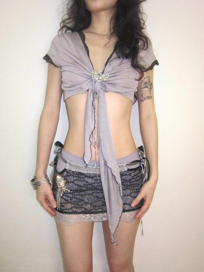 OPEN AESTHETIC Cropped Deep V Lace Trim Rhinestone Heart Tie Women&