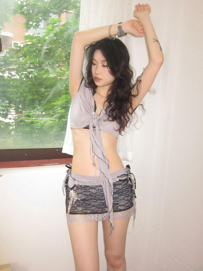 OPEN AESTHETIC Cropped Deep V Lace Trim Rhinestone Heart Tie Women&